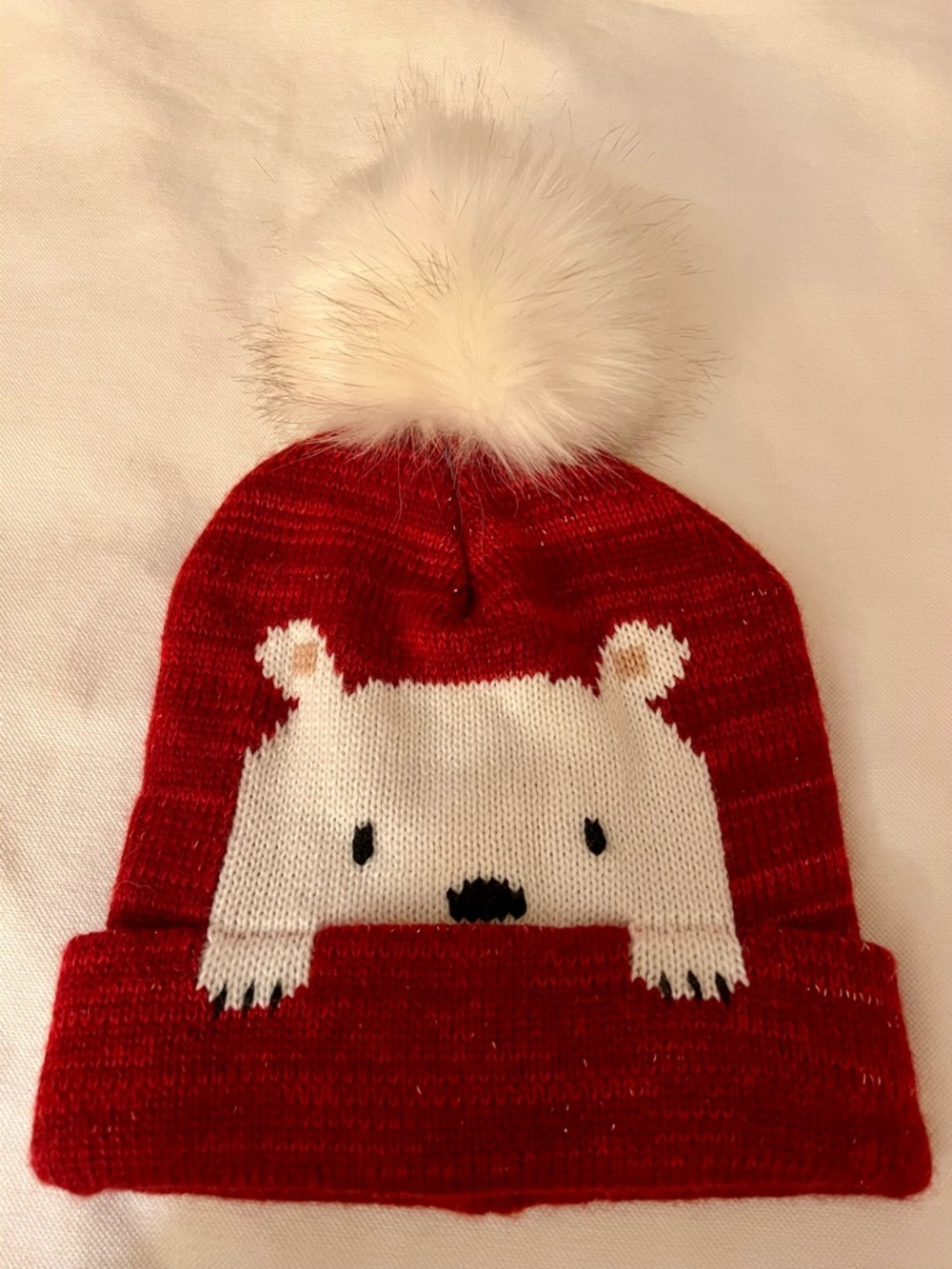 Red Faux Fur Pom Pom Knit Winter Hat With Cute Polar Bear